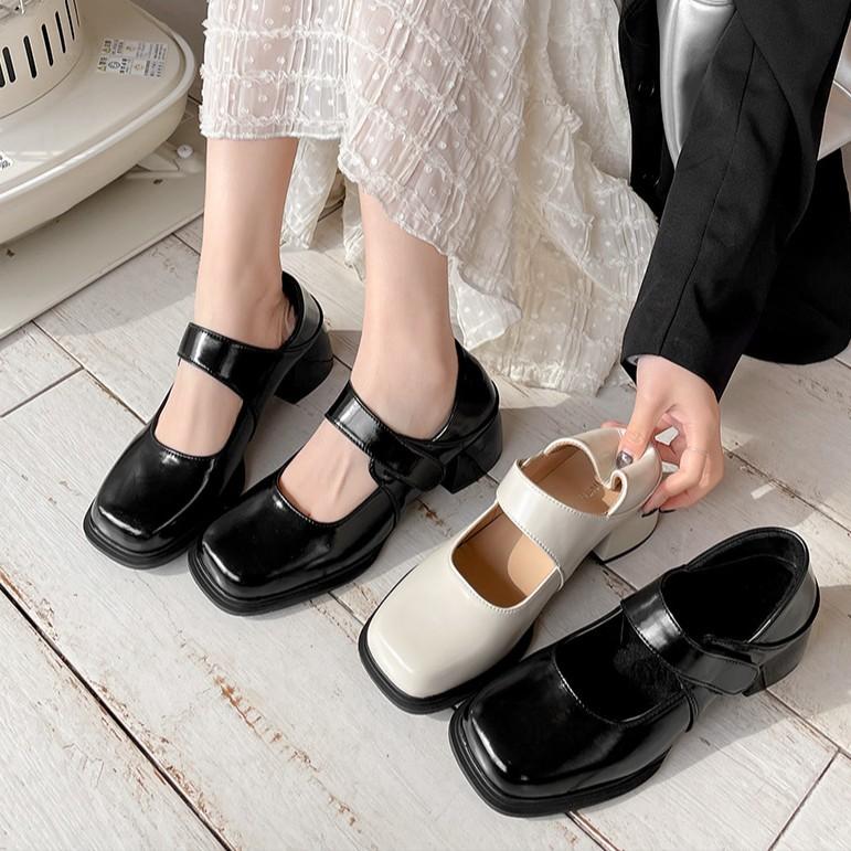 Black Square Head Light Mouth Thick Heel Single Shoes Spring and Autumn Versatile Skirt Mary Jane Small Leather Shoes