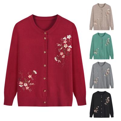 Fall Spring Mother Knit Coat Floral Embroidery Single-breasted Round Neck Loose Long Sleeves Cardigan Stretchy