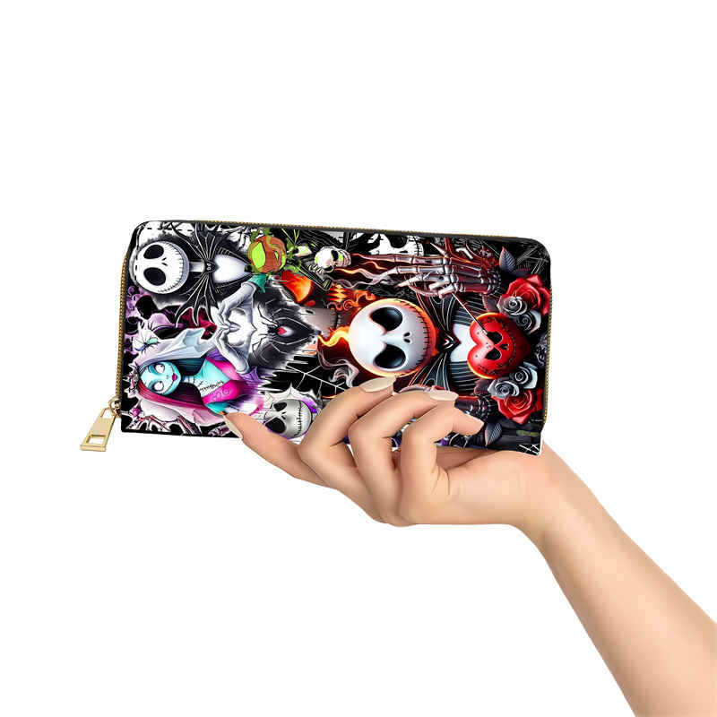 Portafoglio PU Nightmare Before Christmas Donna Lunga Zip Busta Borsa Trucco Jack Skellington Nero 4pz