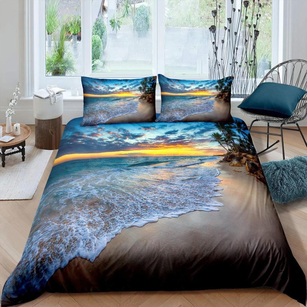 Summer Beach Duvet Cover Set Queen Ocean Bedding Set Hawaiian Palm Trees Marine Life Sea Waves Fish Printed Comforter Cover Set