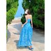 French gentle wind seaside vacation blue jacquard suspender dress is beautiful, beautiful, waist temperament long skirt