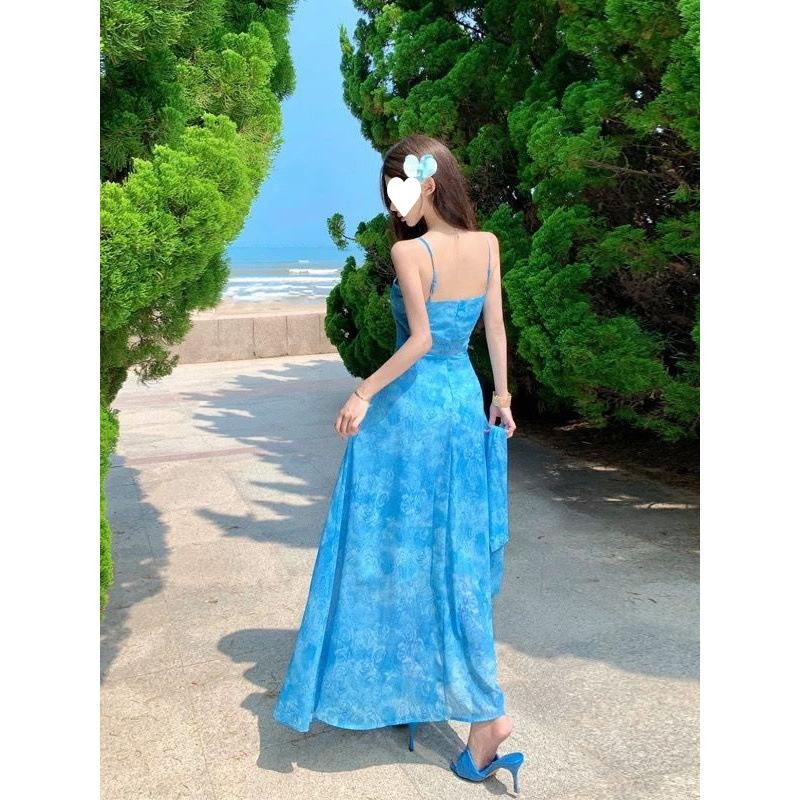 French gentle wind seaside vacation blue jacquard suspender dress is beautiful, beautiful, waist temperament long skirt