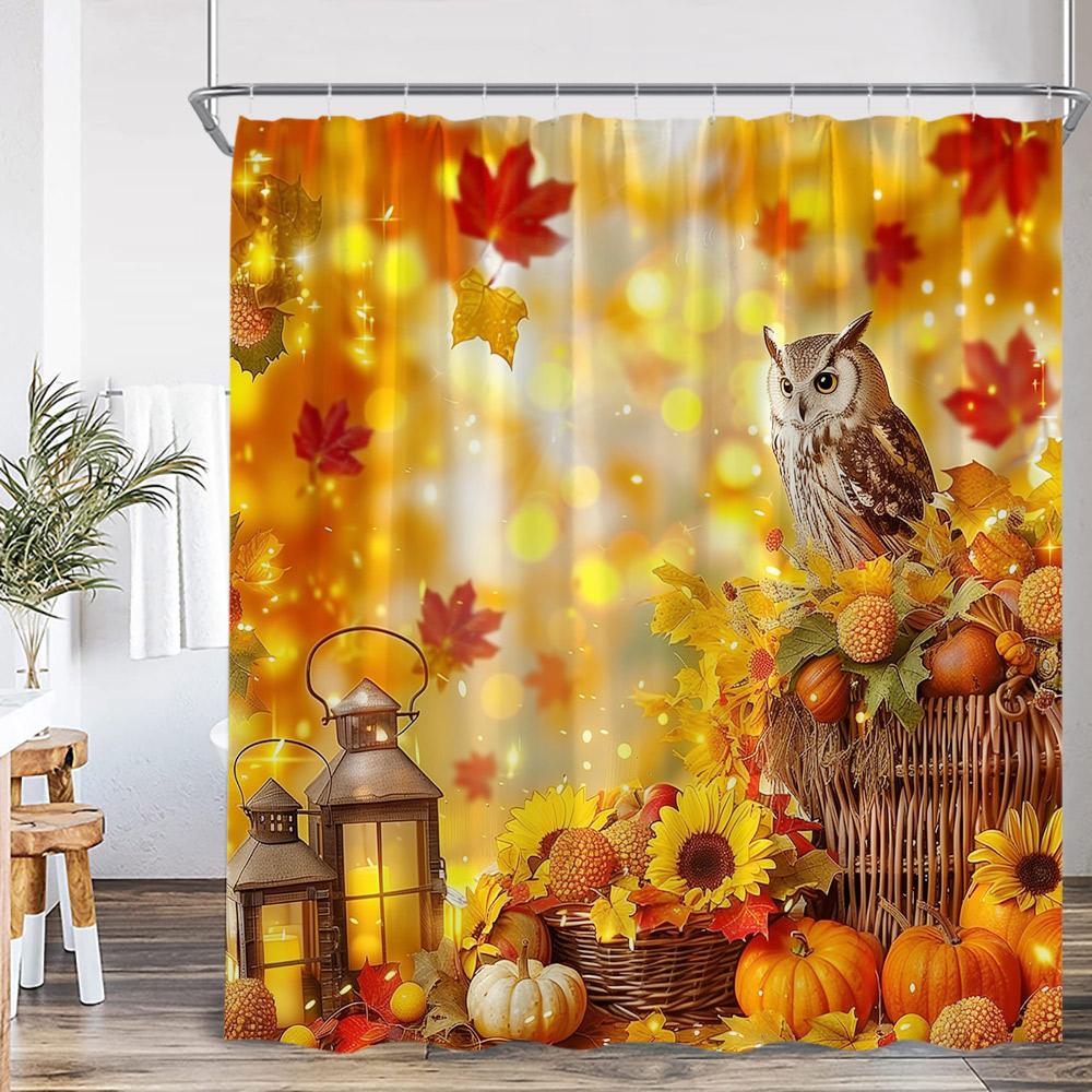 Autumn Pumpkin Shower Curtain Harvest Season Maple Leaf Scarecrow Flower Wooden Plank Barn Farmhouse Bath Decoration With Hook