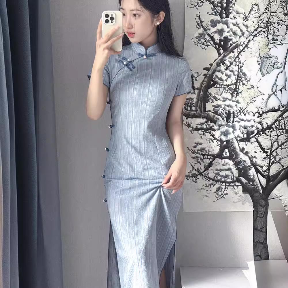 Evening Mist 2024 Summer Striped Cheongsam Dress: Short-Sleeve, Age-Reducing Everyday Wear