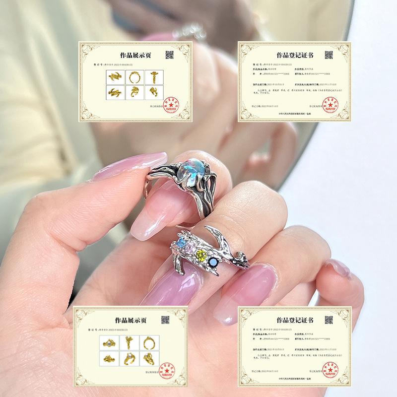 Original Niche Design Retro Retro Open Ring Moonstone Inlaid Zircon High-End Sense Personalized Fashion Ring Woman