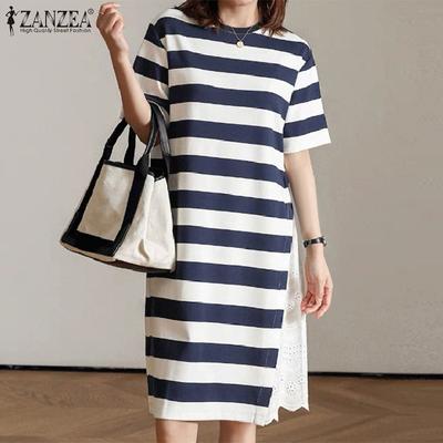 Women Casual O-neck Stripe Print Short Sleeve Dress