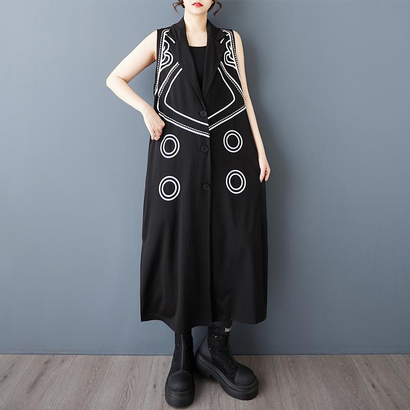 Palton lung casual vintage negru din bumbac fără mâneci plus size pentru femei, îmbrăcăminte exterioară de toamnă, vară, primăvară