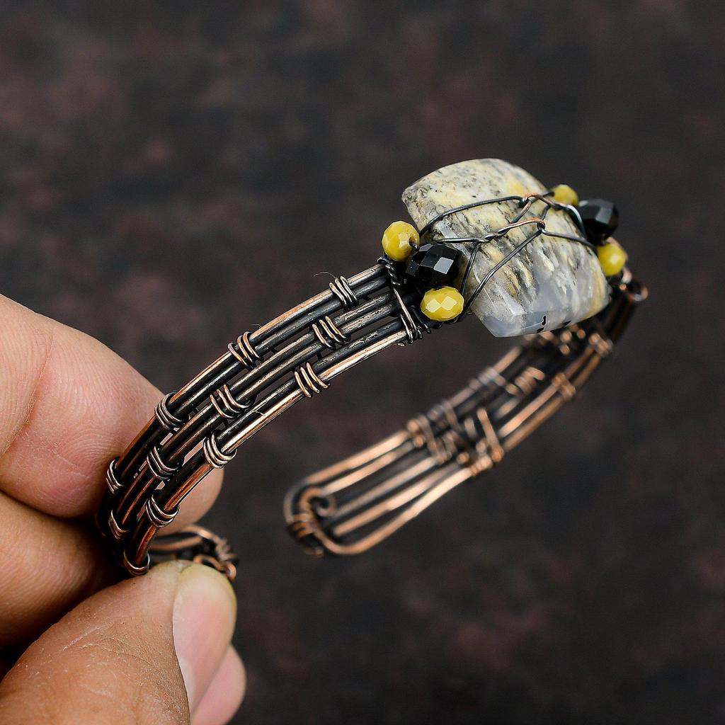 Wire Wrapped Plume Agate Cuff Bracelet Black Onyx & Red Coral Beads Bangle Copper Wire Wrapped Handmade Jewelry Adjustable Cuff Gift For Mom