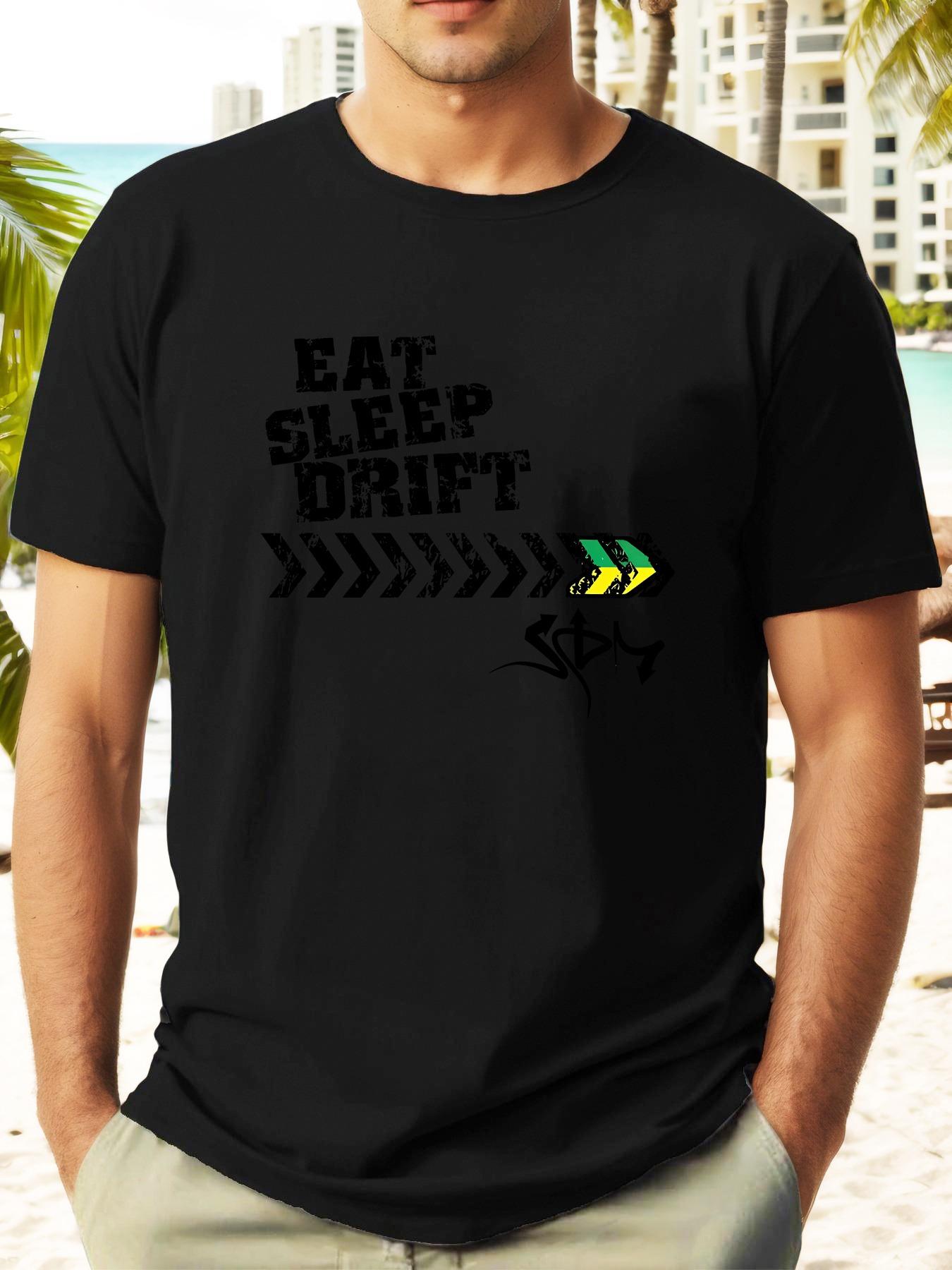 EAT SLEEP DRIFT Graphic Tee - Vibrant Blue Summer T-shirt with Colorful Fish Design L