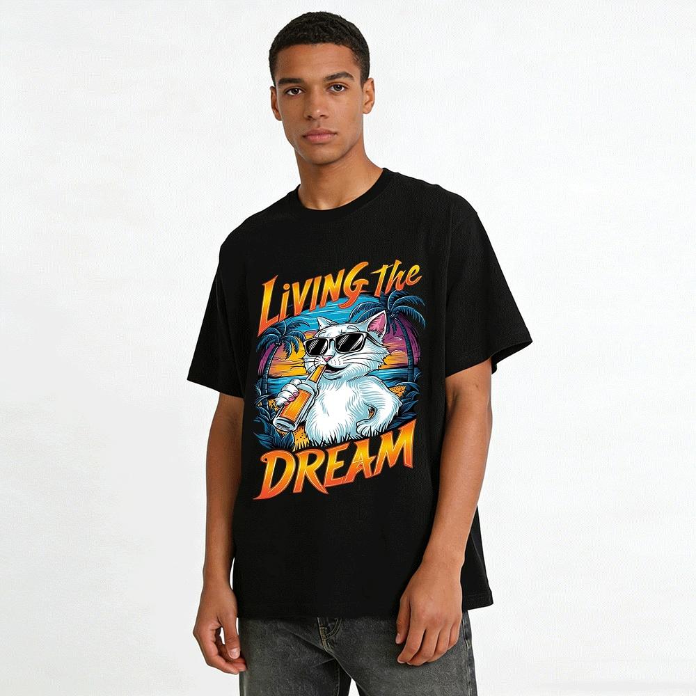 Living The Dream Cool Cat Print Vacation Style Casual T-Shirt Pure cotton T-shirt