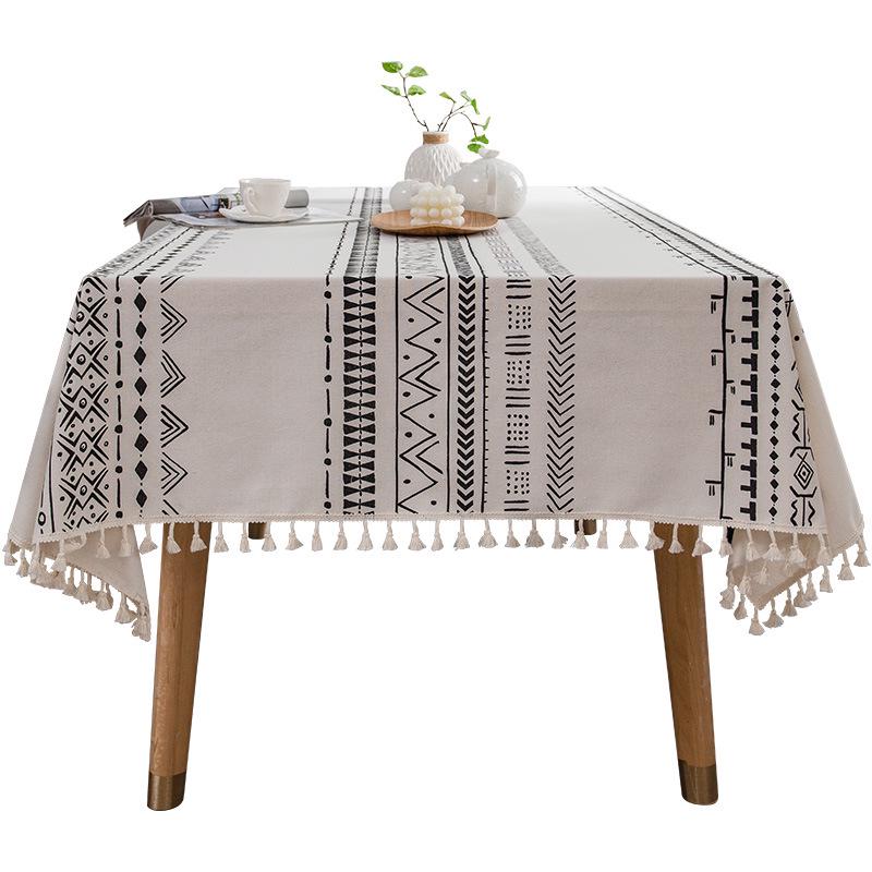 Bohemian Cotton Linen Tablecloth with Tassels – Ethnic Style, Waterproof & Oilproof, Wash-Free Rectangular Design
