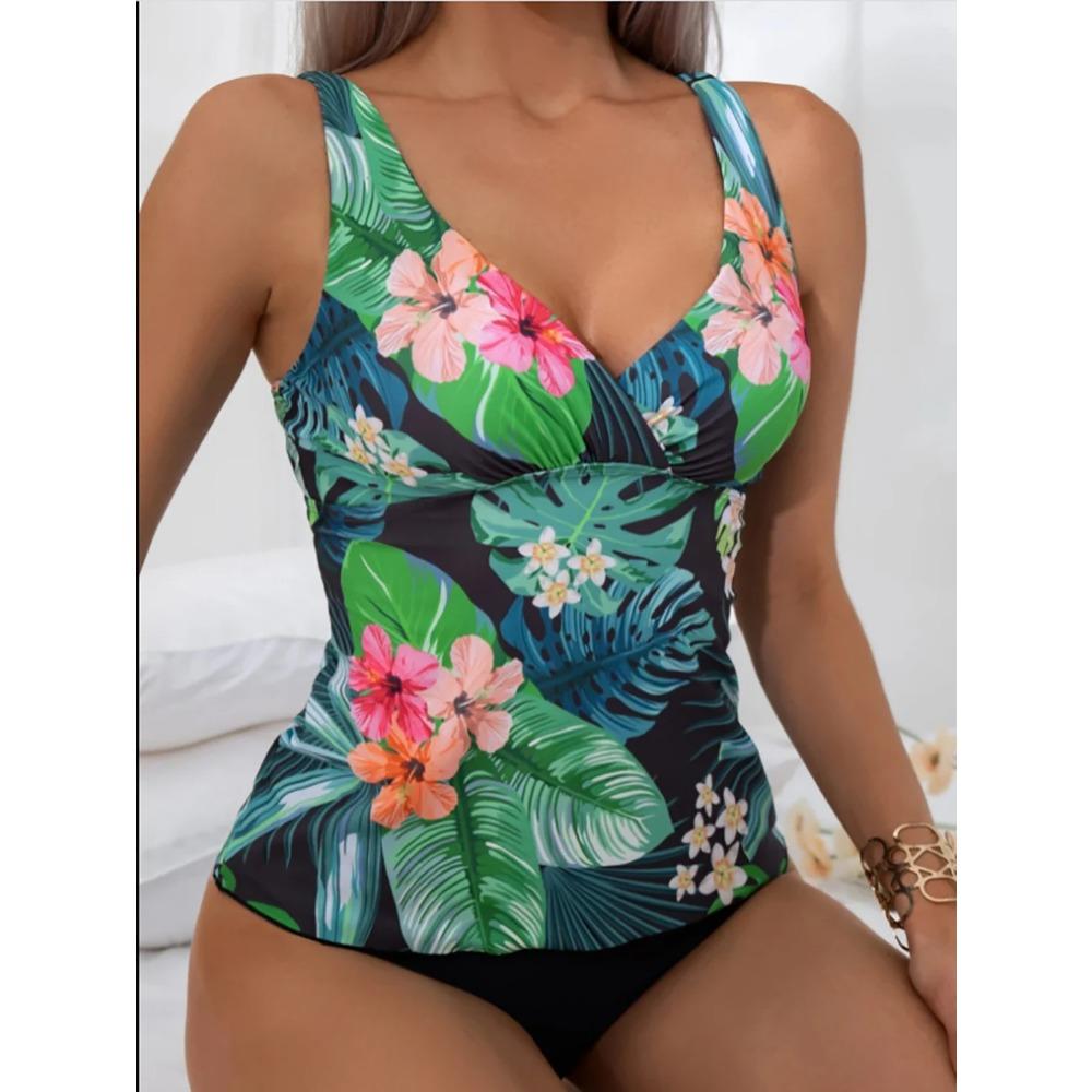 Tvådelad baddräkt med bladtryck Dam Badkläder Plus Size Tankini-set Kvinnliga Strandkläder Baddräkt Dam Baddräkter