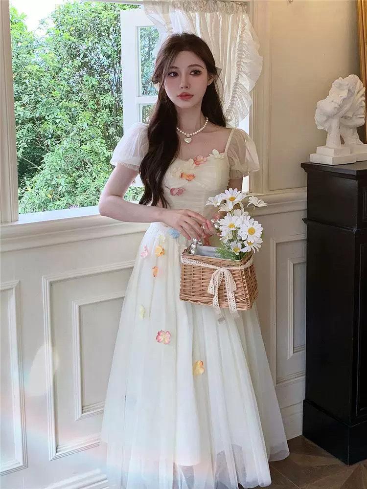 Dream garden atmosphere light wedding dress summer bubble sleeves waist thin sweet flower temperament dress
