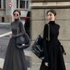 New French Style Temperament Women's High-Grade Black Dress Hepburn Style Gray Turtleneck Dress for Women