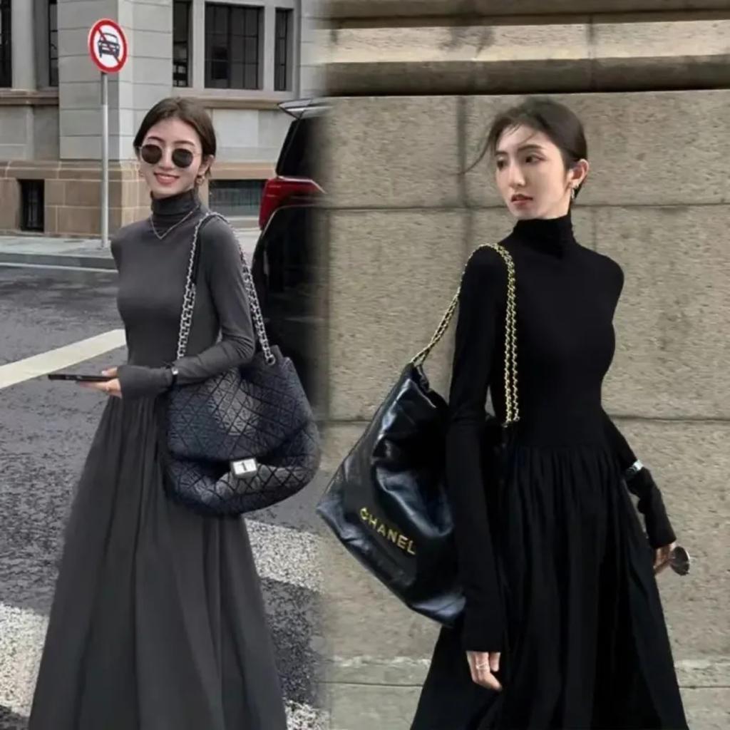 New French Style Temperament Women's High-Grade Black Dress Hepburn Style Gray Turtleneck Dress for Women