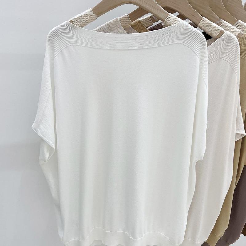 Simplicity Fashion Summer Thin Style Ice Silk T-Shirts Women's O-Neck Solid Screw Thread Casual Loose Short Sleeve Knitted Tops