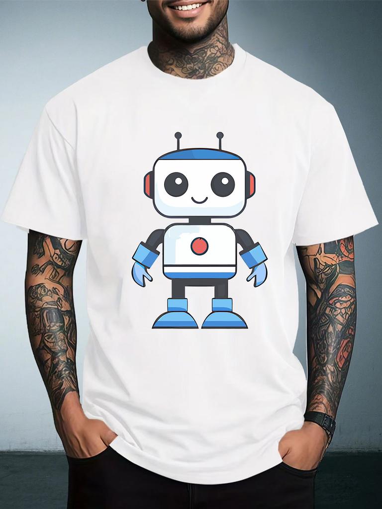 Unisex Summer Casual Short Sleeve T Shirt Cute Blue White Cartoon Robot Graphic Oversized Loose Tees Street Daily Fashion Tops