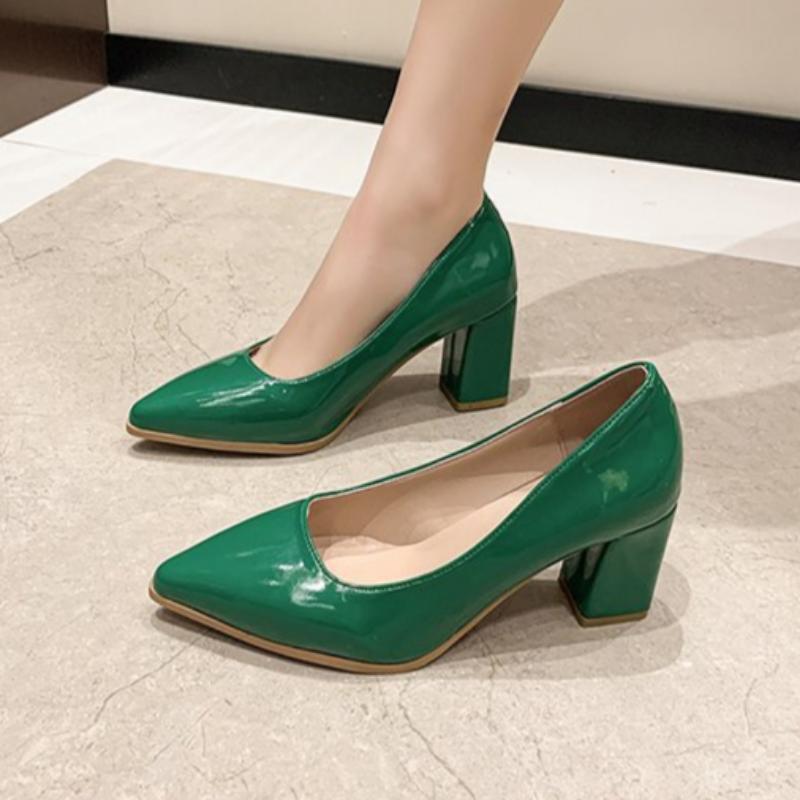 Women's Autumn High Heels Thick Heel Patent Leather Pointed Toe Luxury Leather Shoes