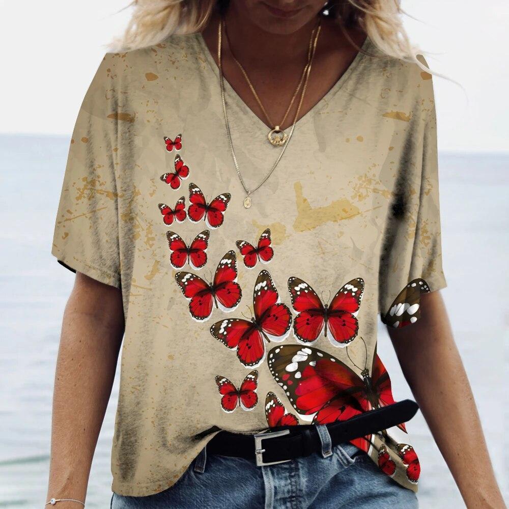 Butterfly Floral Graphic 3D Print Trička Dámské Y2k topy Trička Trička s výstřihem do V Dámské tričko Harajuku Žena Oversized Neformální oblečení