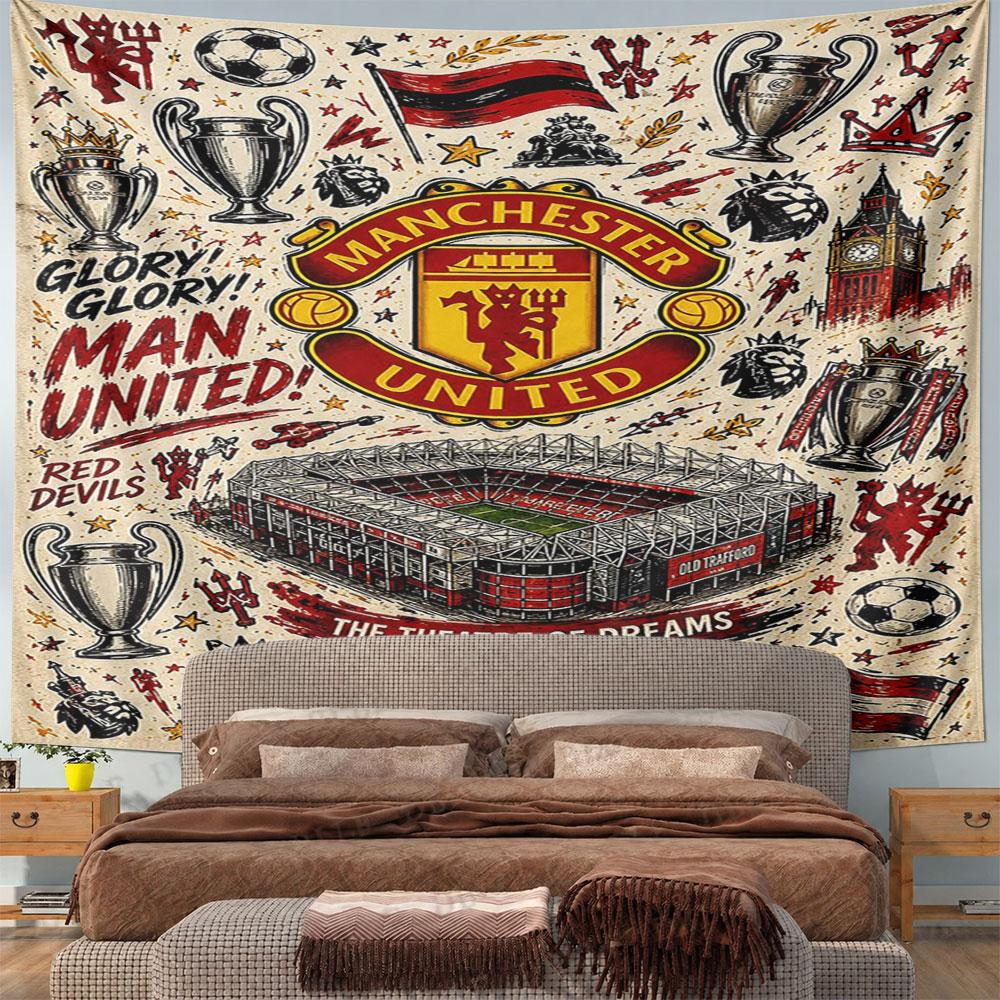 Manchester United Team Collage Pattern Wall Hanging Tapestry Decorative Tapestry Home Decor for Bedroom and Living Room