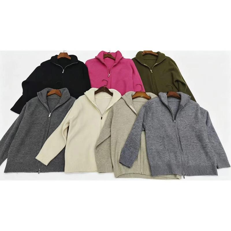 Modischer Strickmantel mit Stehkragen und Doppelreißverschluss für Damen, einfarbig, lässiger Strickcardigan im koreanischen Stil, Herbst Winter Pullover