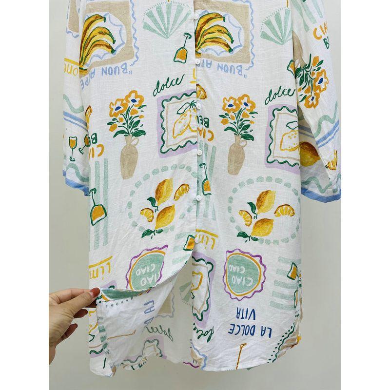 Australian Label of Love Fruit Fermentation Artistic Sense Niche Graffiti Print Cotton and Linen Shirts Mid-Length