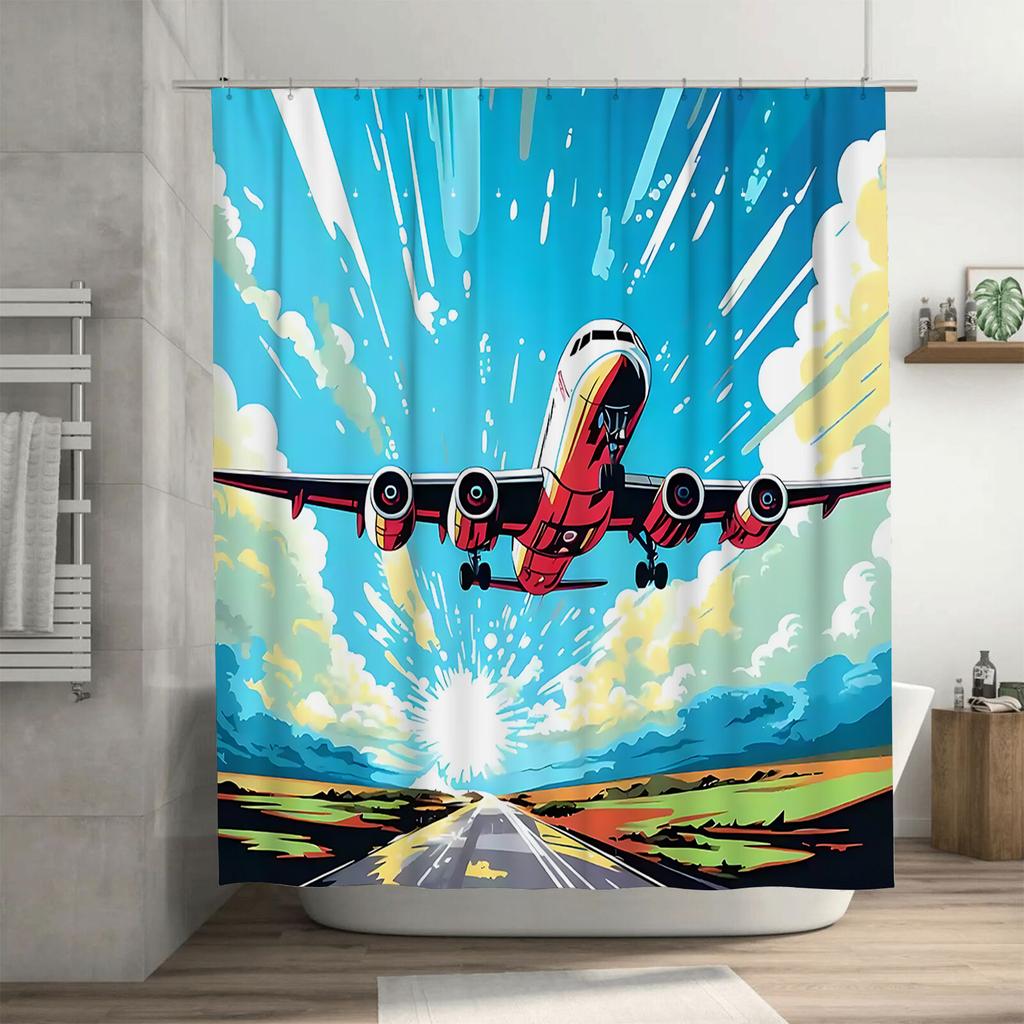 Vibrant Retro Airplane Design Bath Curtain Waterproof Fabric Ideal For Bathroom Decor Includes Hanging Rings For Easy Setup