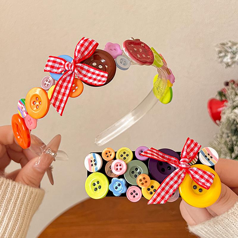Dopamine Colored Button Headband Headwear Childishness Hairband Face Washing Bow Hair Hoop Sweet  Hair Clip Gifts