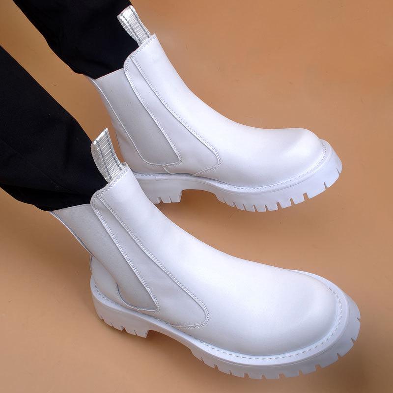 Men's Fashion Stage Nightclub Motorcycle Boots  Designer Shoes Black White Chelsea Boot Soft Leather Platform Short Botas
