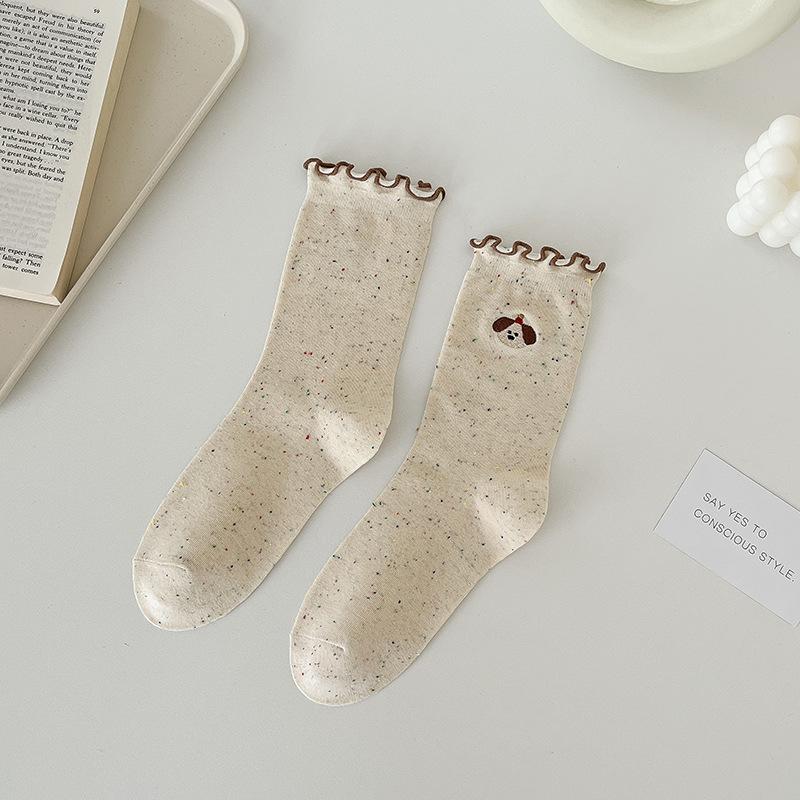 Embroidered Socks for Women, Spring and Autumn Mid-calf Socks, Black Fungus Lace Long Socks, Sweat-absorbing Pile Socks, Cute Boneless Socks