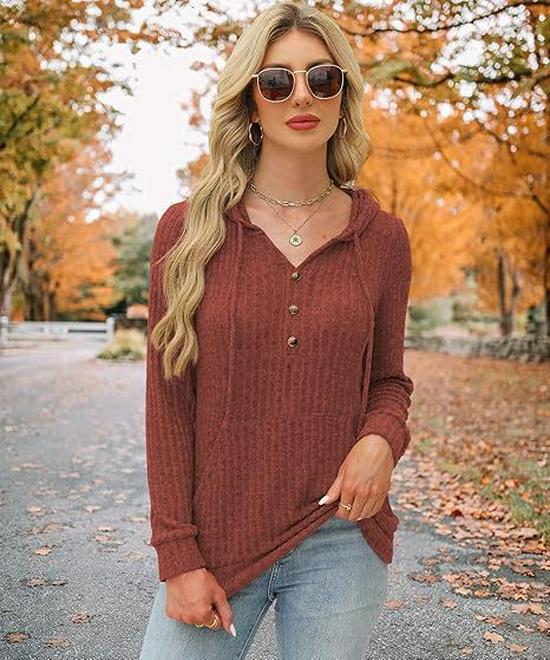 2025 Autumn/Winter Women's Solid Color Ribbed Knit Hoodie Sweater
