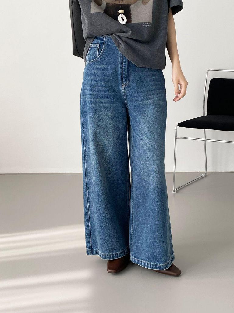 Women's Retro Washed Wide-Leg Denim Pants - Korean Style Straight-Leg Long Pants