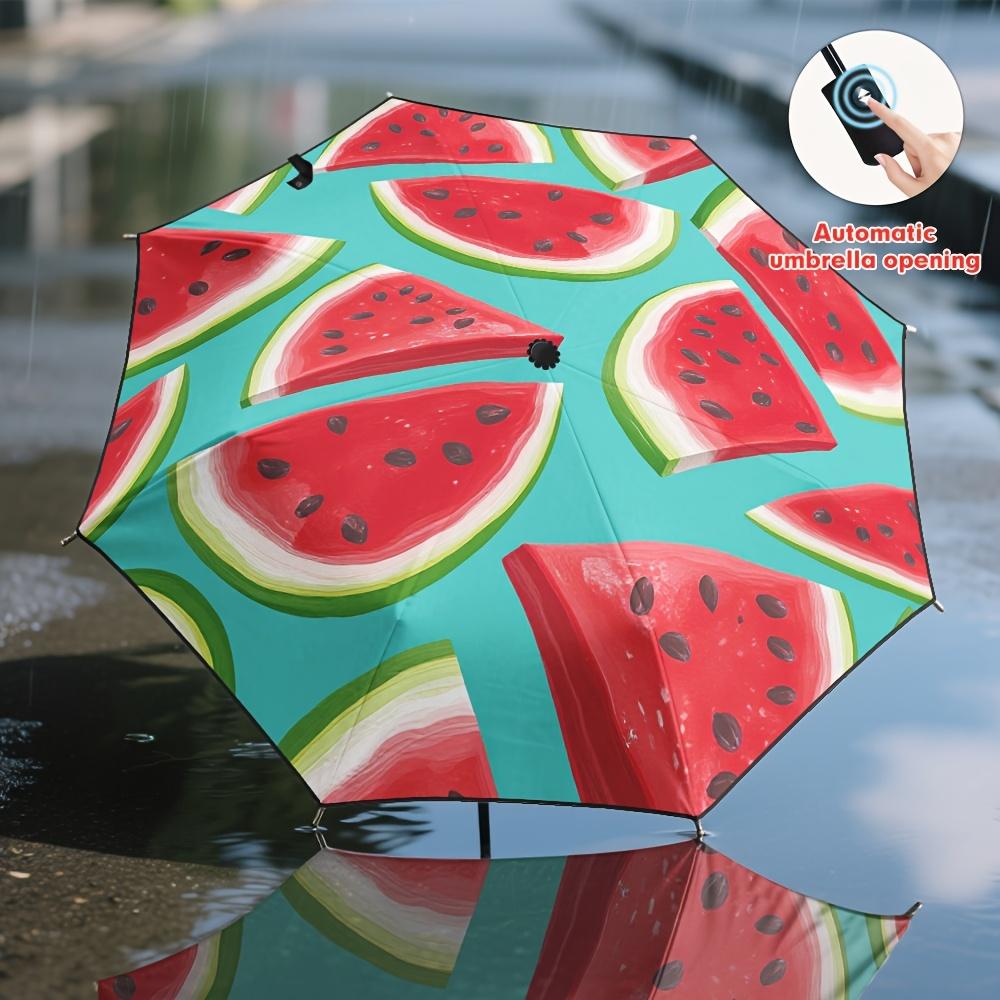 

1pc Automatic Open/Close Umbrella with Watermelon Pop Art Turquoise Pink Red Fruit Slice Design - 8-Rib Heavy-Duty Frame, Self Iron&8K