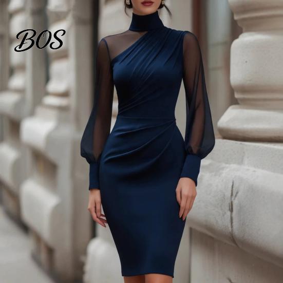 Everyday Casual Dress Women's Mesh Sheer Long Sleeve Mini Dress, Ruched Bodycon Mock Office Wear Women Neck Party Cocktail Formal Wedding Guest