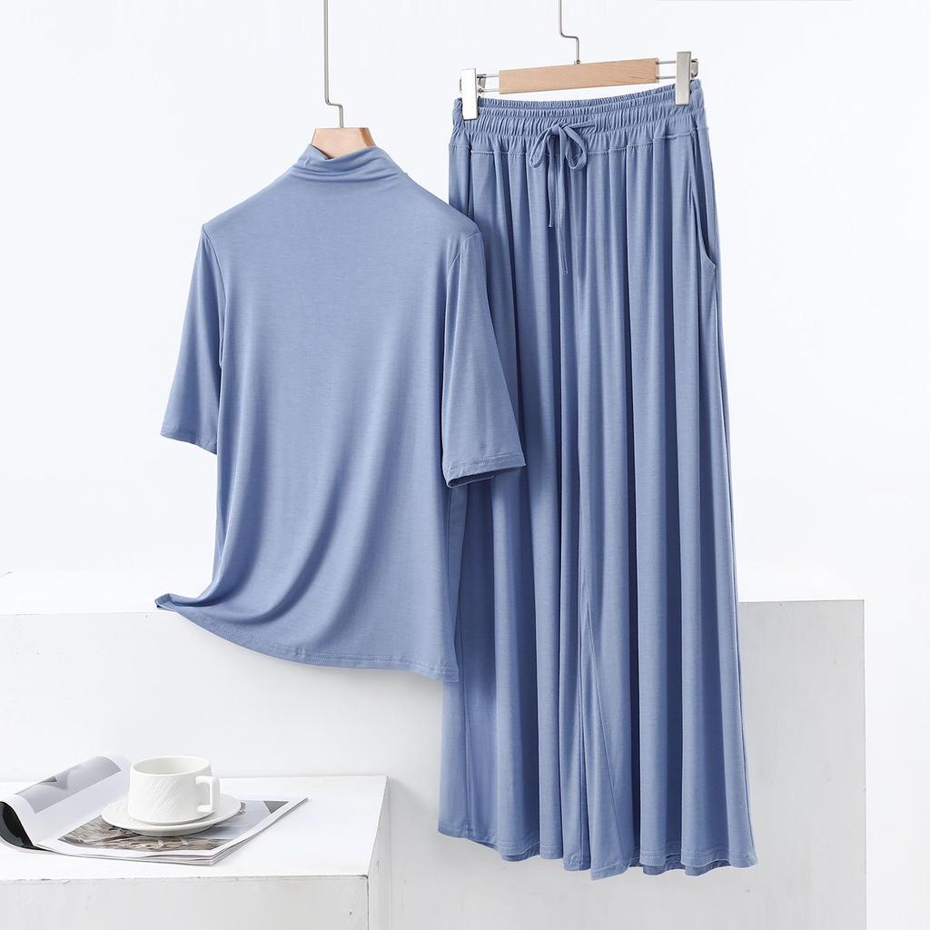 Modal Semi-High Neck Five-Sleeve Shirt & Pocket Wide-Leg Pants Casual Plus Size Two-Piece for Women