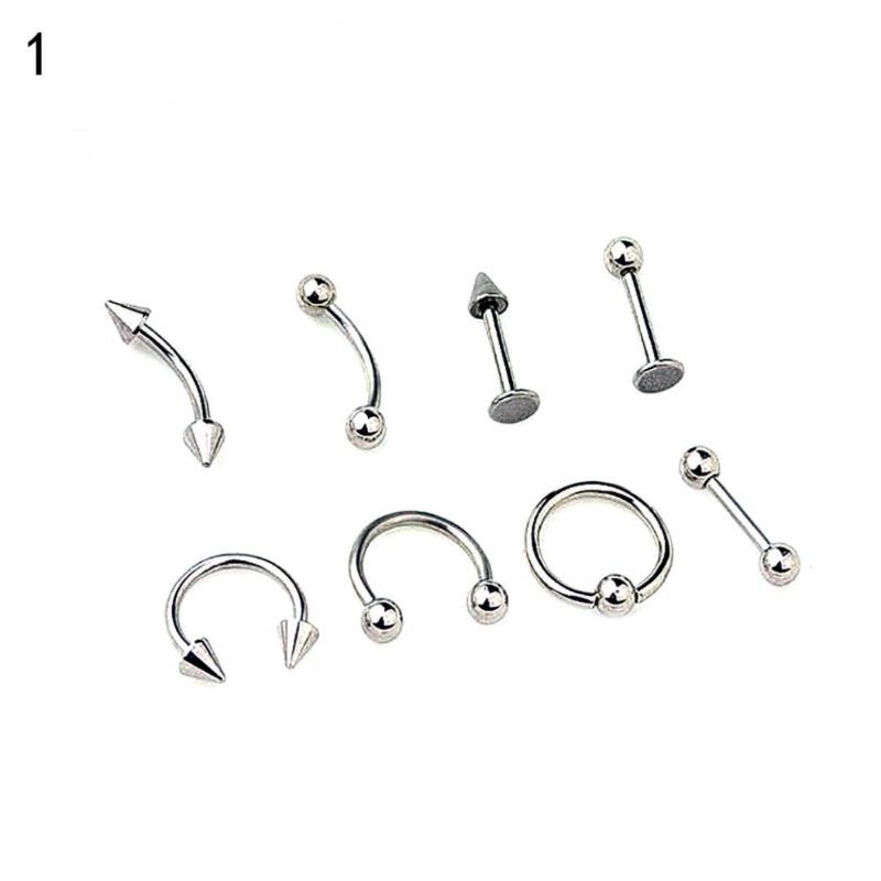 8Pcs Mixed Style Lip Tongue Eyebrow Nose Ring Barbell Body Piercing Jewelry