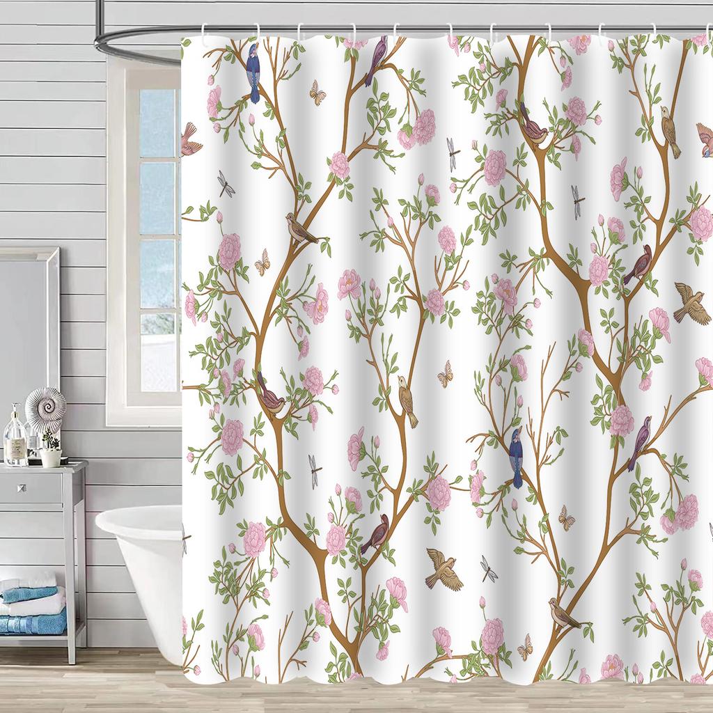 Bathroom Waterproof Curtain Digital Printing Tree Branches Bird Shower Curtain Free Punching Toilet Partition Curtain Shower Cloth