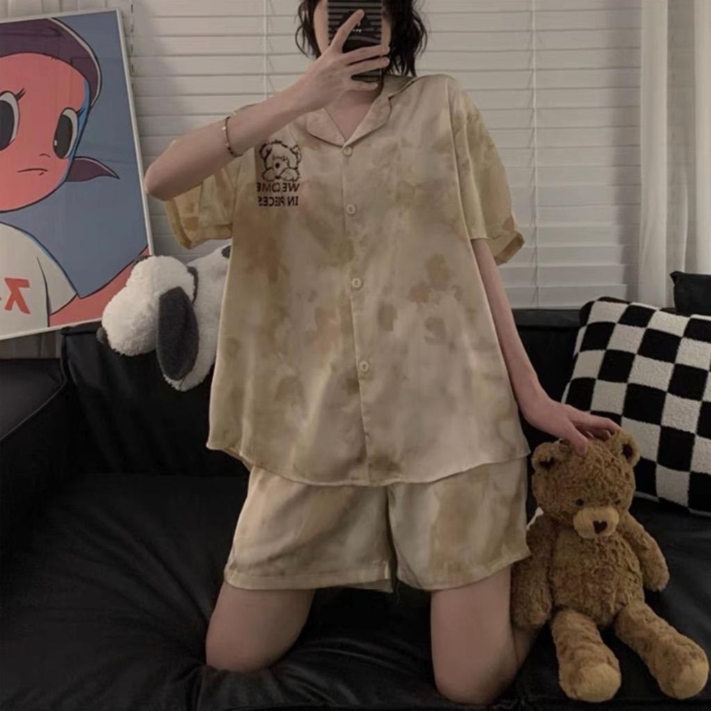 Pyjama en soie glacée pour femme en été à manches courtes, ample et luxueux, ensemble de vêtements de maison fins