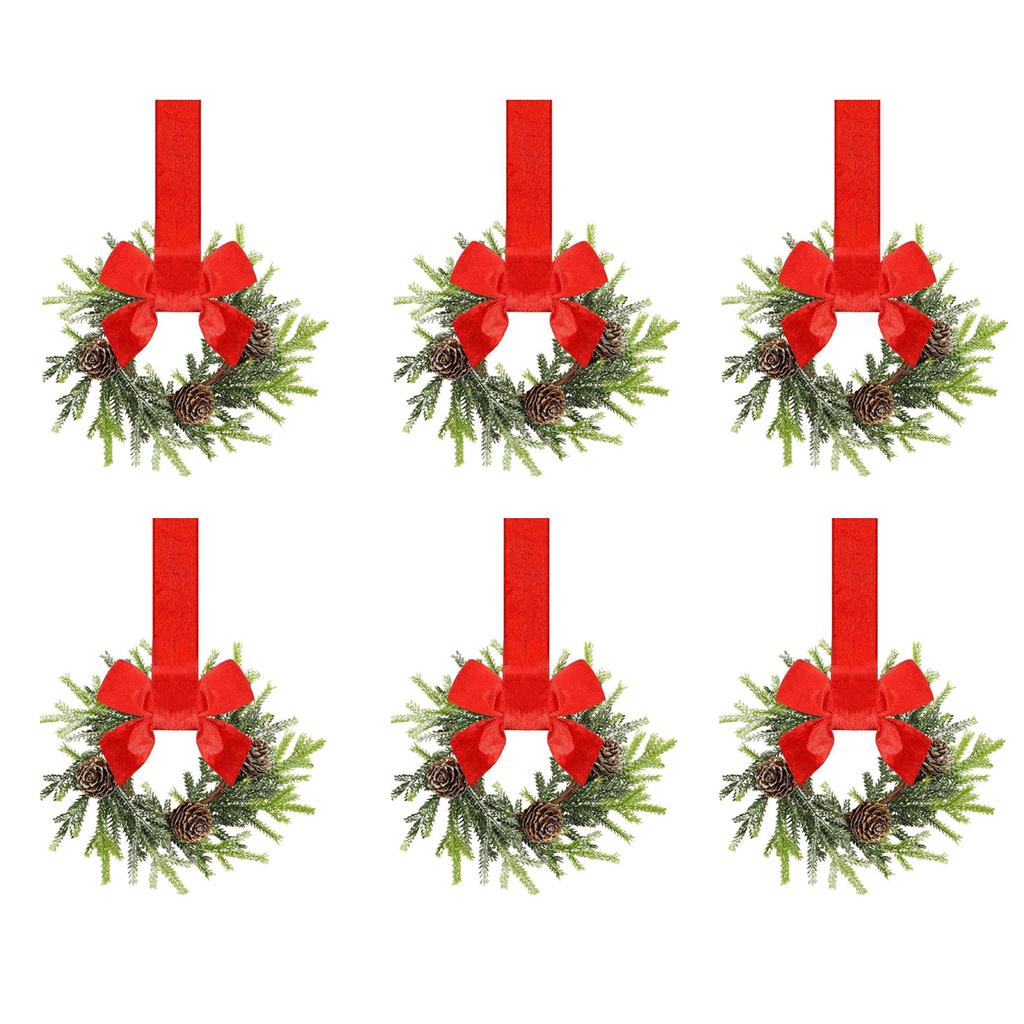 6PCS/SET Christmas Kitchen Cabinet Wreaths with Ribbon Mini Christmas Wreath Small Kitchen Xmas Decor for Window Door