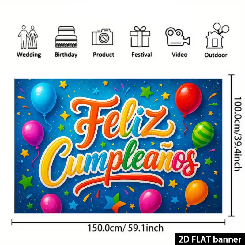 2D Blue Happy Birthday Spanish Backdrop, Festive Party Wall Decor Banner