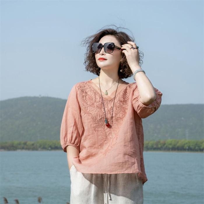 

Літня жіноча сорочка з вишивкою з бавовни та льону преміум-класу - елегантні, легкі, універсальні топи для мам середнього віку L (105-120 jin)