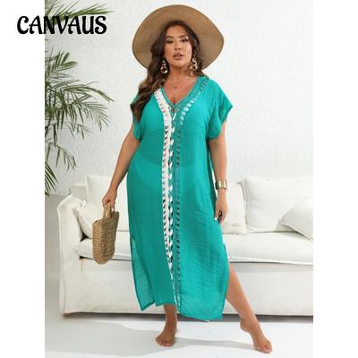Robe de plage pour femmes, grande taille, crochetée à la main, épissage de couleurs contrastées, robe fendue en V profond