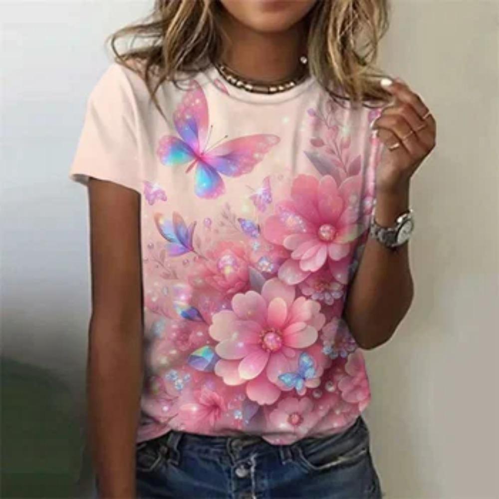 Summer Fashion Women's T-Shirt Beautiful Butterfly Flowers Printed Casual Short Sleeved Casual Oversized Round Neck T-Shirt