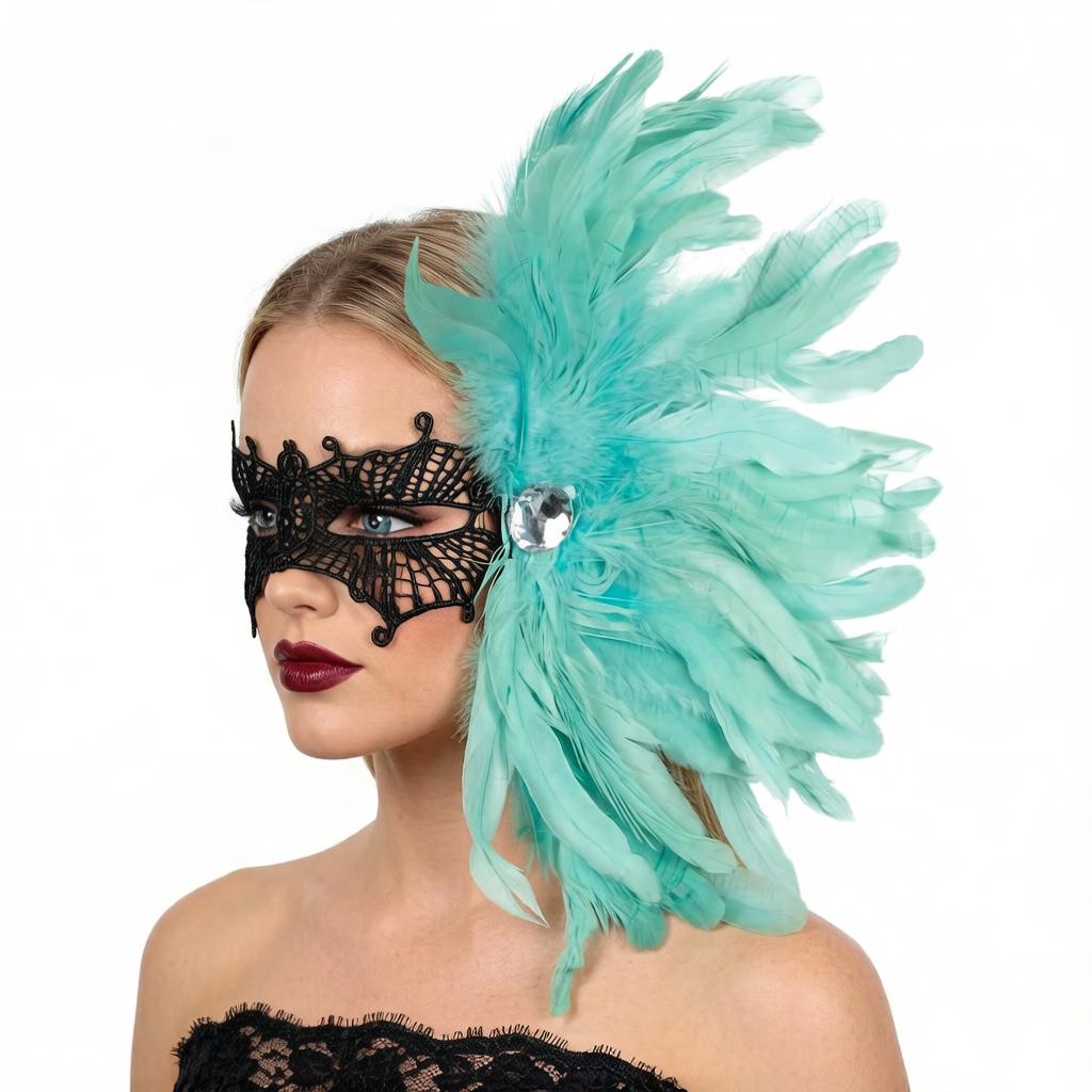 Feather Side Headpiece with Lace Eye Mask for Carnival Parade Masquerade Ball Mardi Gras Party Samba Dance Costume Outfit