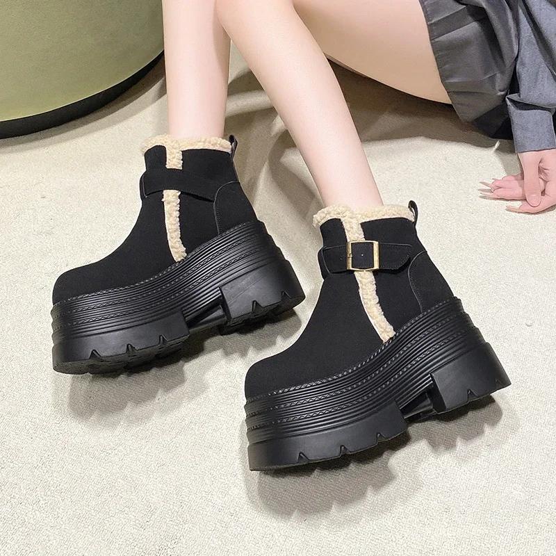 Fashion 10CM New Winter Women's Warm Snow Boots Outdoor Plush Ankle Shoes Anti-skid Chunky Leather Sneakers Buckle Short Fur Boots Woman