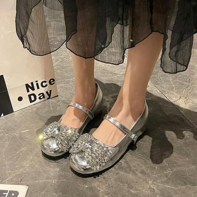 Augmentation de hauteur intérieure strass argent plat bouche légère chaussures simples pour femmes nouvel été jupe Mary Jane petites chaussures en cuir