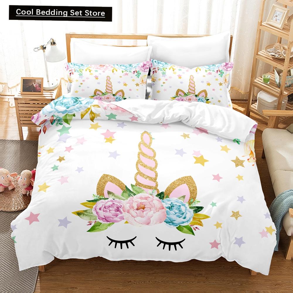 Kids Unicorn Eyelash Pink Princess Duvet Cover King Queen Bedding Set Fairy Magic Animal Closed Eye 2/3pcs Polyester Quilt Cover