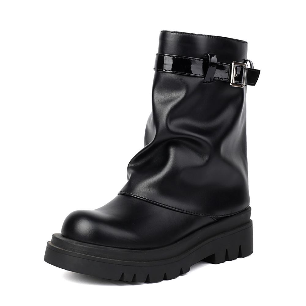 Fashion Designer Platform Flat Boots Women New Winter Fold Gothic Boot Buckle Zipper Fashion Brand Designer Ankle Boots Black White