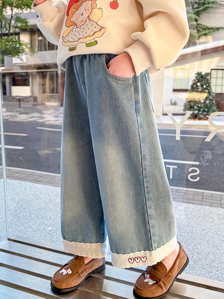 Autumn 2025 Girls' Heart Lace Straight-Leg Jeans - Children's Korean Fashion