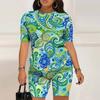 Women Plus Size Green Printed Round Neck Short Sleeve Top Fitted Shorts Two Piece Set